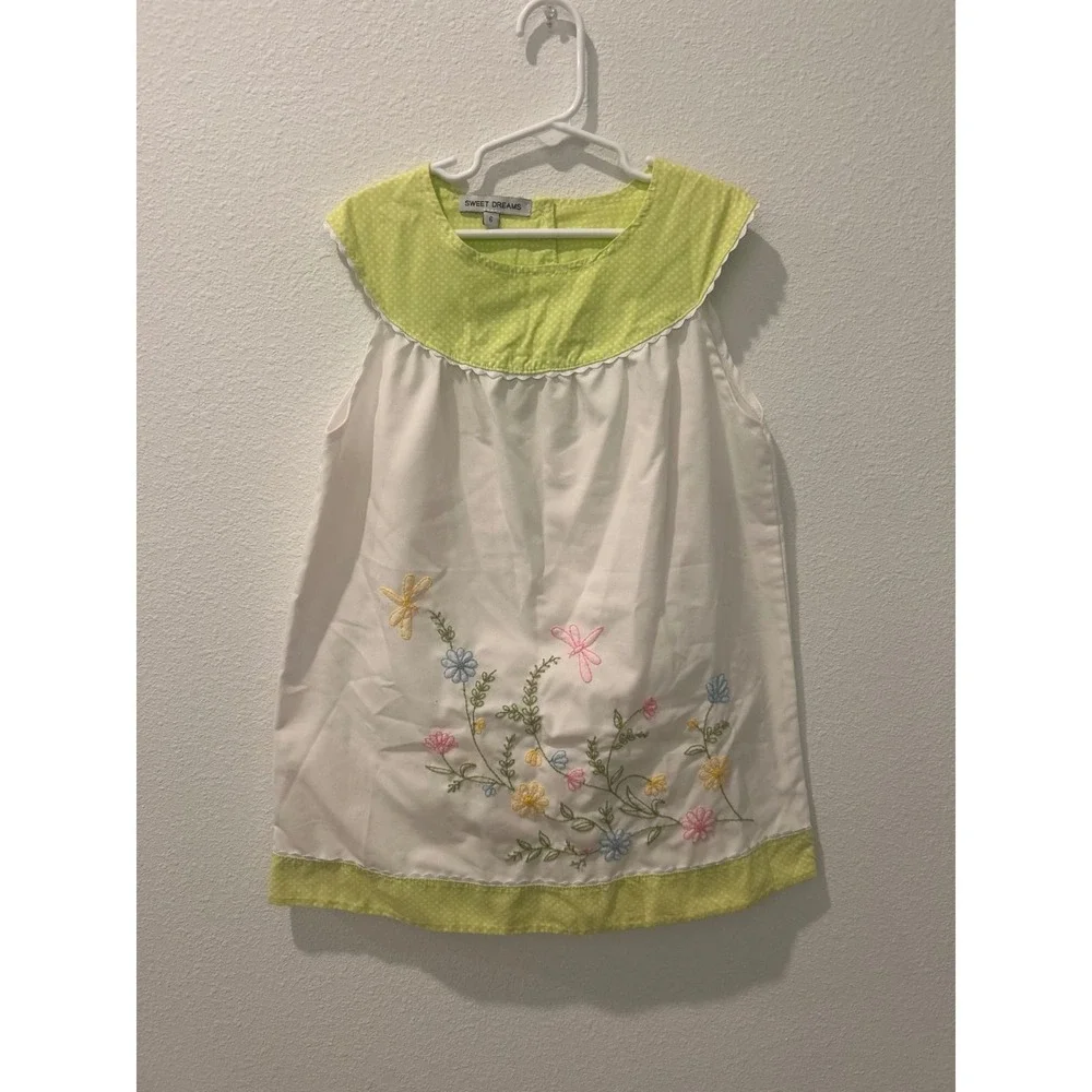 Sweet Dreams Girls Size 6 Dress White Floral Embroidered Lime Polka Dot‎